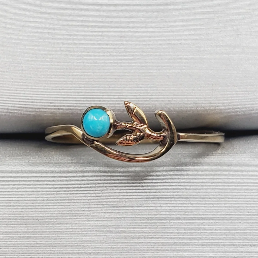 8k Solid Yellow Gold Tiny Cabochon Turquoise Ring Flower Ring Floral Ring